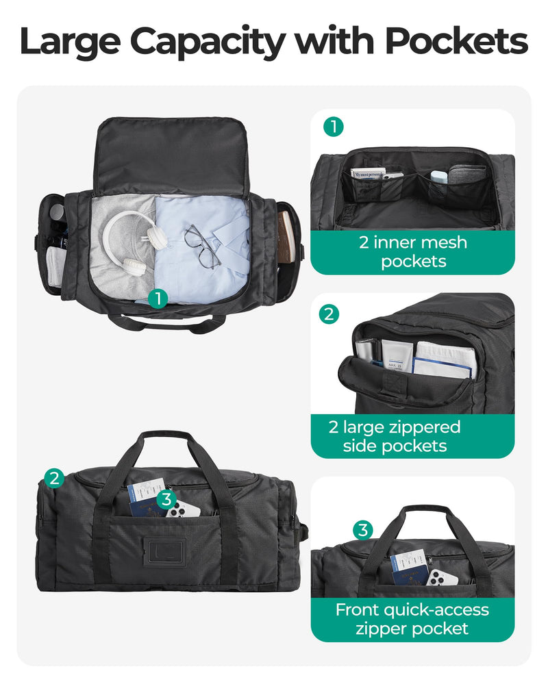 BAGSAMRT 60L Foldable Duffle Bag for Travel, Large Travel Duffel Bag for Men, 4 in 1 Travel Backpack, Carry on Weekender Bag, Black