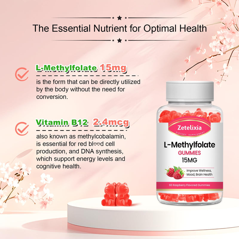 2 Pack L-Methylfolate 15mg & Methyl B12 Gummies, Folate Supplement for Brain Health, Mood & Immunity, DNA Synthesis & Repair, Sugar Free, Vegan, Raspberry Flavor, 120 Count 60 Count (Pack of 2)