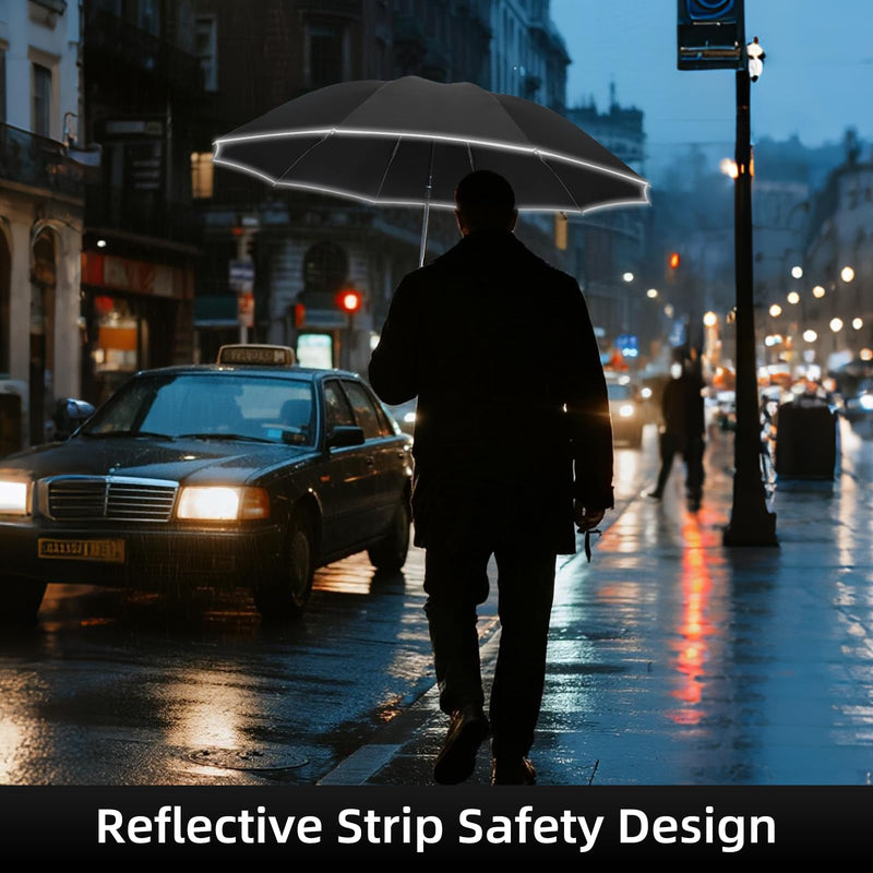 50in Inverted Folding Travel Umbrella – Windproof 10Ribs Upside Down Umbrella with Carabiner Handle, Rain Sun Protection for Women Men (Black) Black + Black