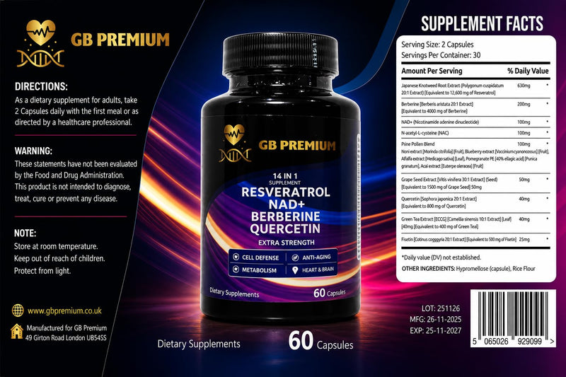 Resveratrol NAD+ Berberine Quercetin Supplement, 14-in-1 High Strength Complex, 60 Capsules