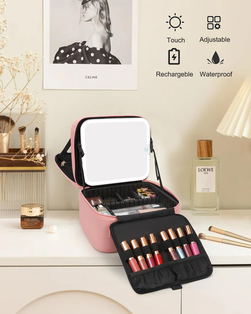 Chomeiu Makeup Bag with LED Mirror, 2 Layer Travel Makeup Case for Women | USB-C Detachable Mirror, Adjustable Dividers, Removable Brush Holder, High Quality PU Leather, Easy-to-clean, Double Zipper A-Small 05-Pink 2 Layer
