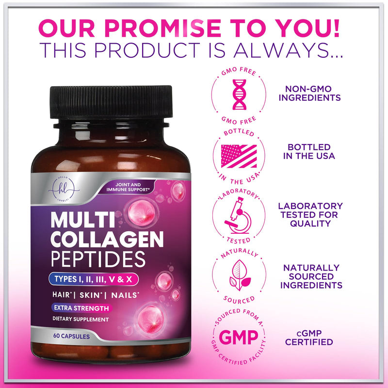 Multi Collagen Peptides - Hydrolyzed Collagen Types I, II, III, V, X - Best Hair, Skin, Nail & Joint Support for Women - Complete Collagen Peptide Supplement - Non-GMO, Bottled USA - 60 Capsules 60 Count (Pack of 1)