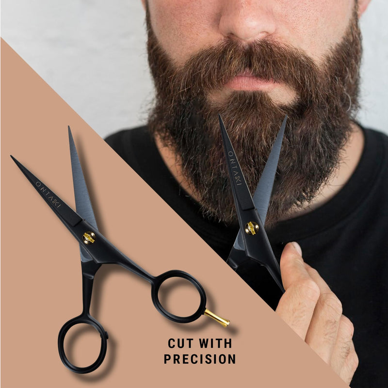 [Australia] - ONTAKI Professional German Steel Beard Scissors 5" Men's Mustache Scissors with Beard Comb and Carry Case Hand Forged Bevel Edge Precision Facial Hair - Black 