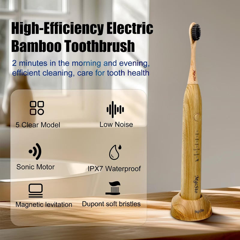 [Australia] - Electric Bamboo Toothbrush Sonic Toothbrush - 4 Replaceable Bamboo Brush Heads Eco-Friendly IPX7 Waterproof Electric Toothbrush, One-Button Switch Five-Mode Brushing 