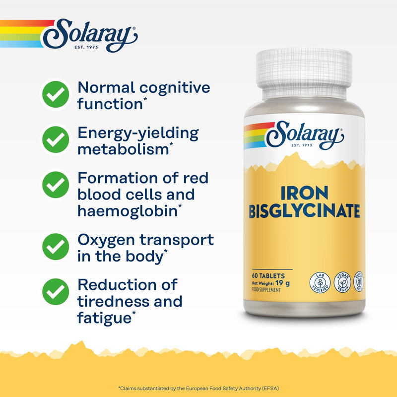 Solaray Gentle Iron Bisglycinate 25mg - 60 Vegan Tablets - High Strength Iron Supplement for Energy Support for Men & Women - with Added Alfaalfa Herb and Yellow Dock Root - Lab Verified