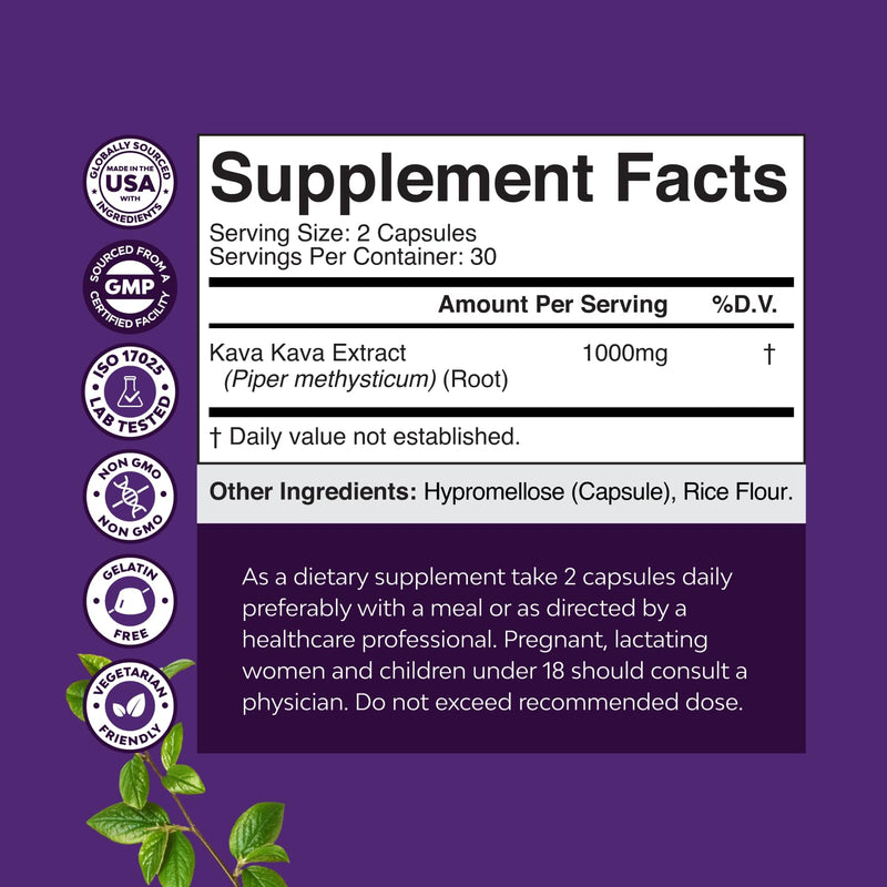 [Australia] - Kava Kava Root Extract Supplement 1000mg - Fast Acting Herbal Support with Kavalactones for Balanced Mood - Relax Calming Capsules for Stress Relief & Better Sleep - 30 Servings Capsule 60 Count (Pack of 1) 