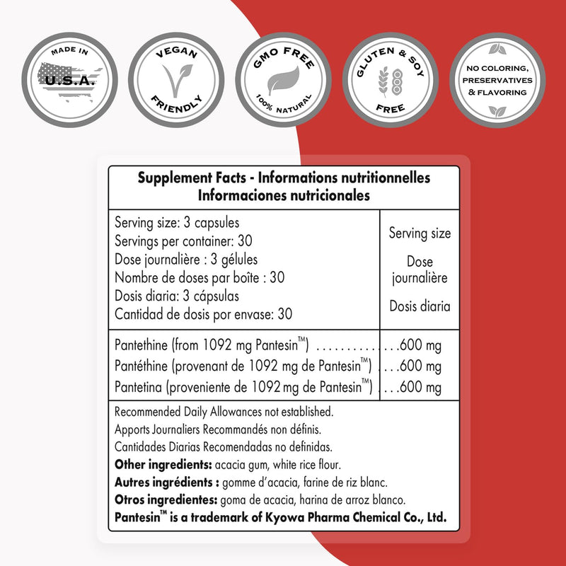 Supersmart - Pantesin Pantethine 600 mg per Day (Pantothenic Acid) - Active Vitamin B5 Supplement | Non-GMO & Gluten Free - 90 Vegetarian Capsules 90 Count (Pack of 1)