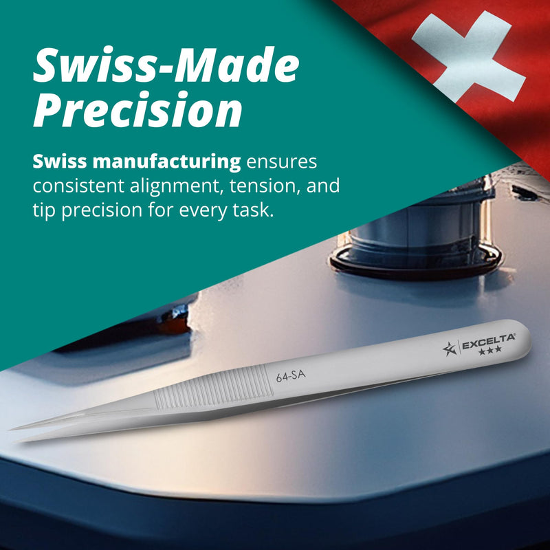 Excelta 64-SA Precision Tweezers, Straight Fine Tip, 4.75" Anti-Magnetic 316L Neverust Stainless Steel, Serrated Handle, ESD-Safe, Swiss-Made Tool for Electronics, Lab Use, Cleanroom & Forensics 4.75" Tweezer, Straight Very Fine Points