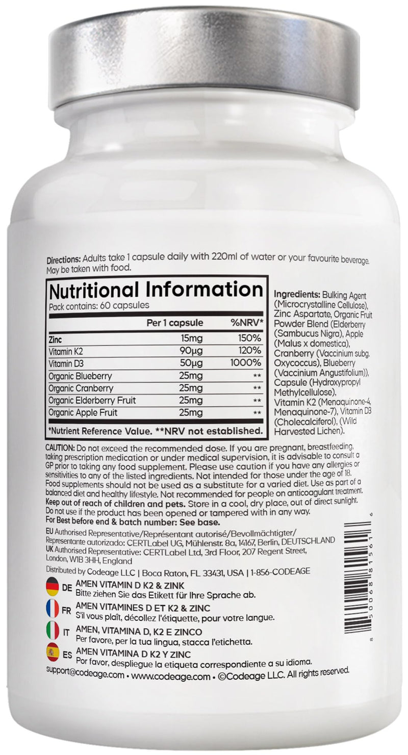 Amen Vitamin D3 2000 IU with K2 MK-7 & Zinc – Vegan Whole Food Supplement with Elderberry, Cranberry, Blueberry & Apple – Non-GMO, Gluten-Free – 60 Capsules