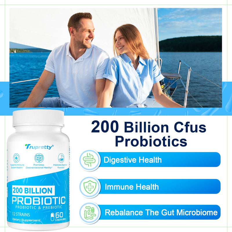 200 Billion Cfus 12 Strains Probiotic, with 3 Organic Prebiotics, Probiotics for Women Men, Daily Supplement for Immune, Gut, Digestive Health, Shelf Stable, Non GMO, 240 Caps (240-Days Supply) 60 Count (Pack of 4)