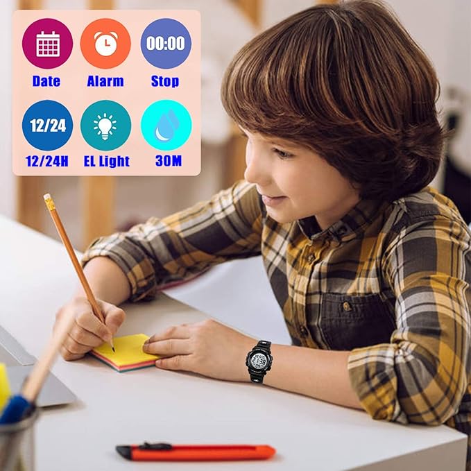 [Australia] - Kids Watch,Boys Watch for 3-12 Year Old Boys,Digital Sport Outdoor Multifunctional Chronograph LED 50 M Waterproof Alarm Calendar Analog Watch for Children with Silicone Band 01-Black 