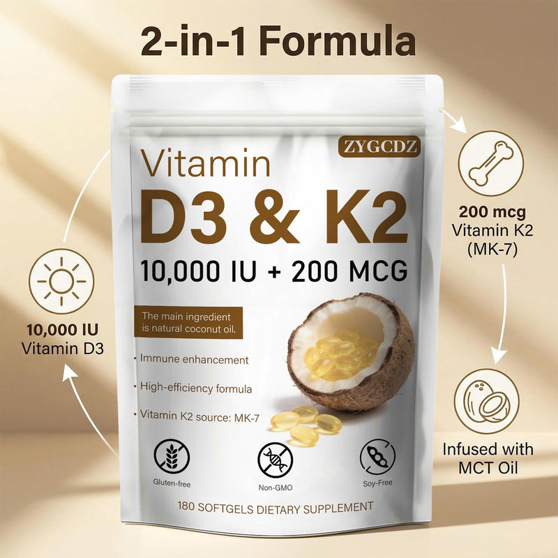 Vitamin D3 10000 IU with K2 MK-7 200 mcg Softgels, 180 Count | Supports Bone, Heart & Immune Health | Enhanced Absorption with Organic Coconut Oil, Non-GMO, Easy to Swallow Supplement (01) 1