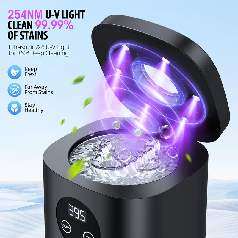 [Australia] - TEBAL Ultrasonic Retainer Cleaner Machine, 52kHz Ultrasonic Denture Cleaner for Night Guards, Braces, Toothbrush Heads, Jewelry and More, Ultrasonic Cleaner for Retainers with 250ML Capacity, Black 