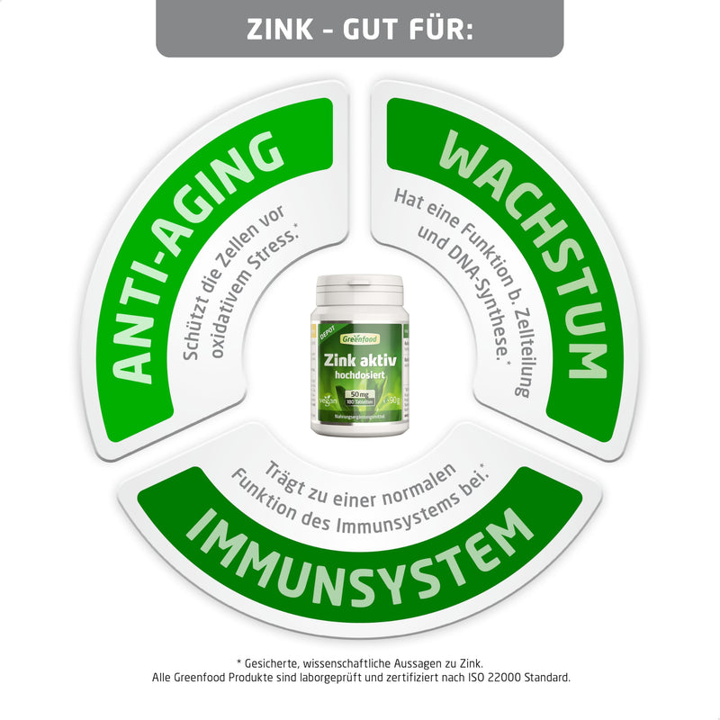[Australia] - Zinc tablets - High dose 50 mg zinc bisglycinate per day (180 vegan tablets) - High bioavailability thanks to bisglycinate for the immune system - without additives - Greenfood zinc active with vitamin C 