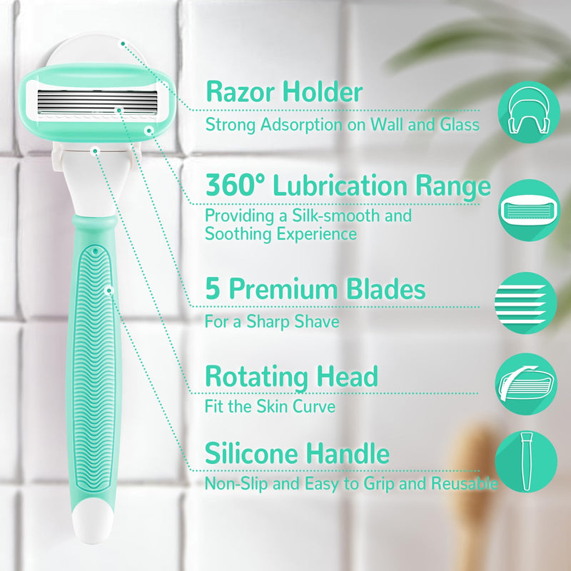 Razors for Women Include 2 Non-Slip Handles and 14 Blade Refills with a Shower Holder, 5 Premium Blades Women's Razors for Shaving with 360° Lubrication Reduces Irritation, Green