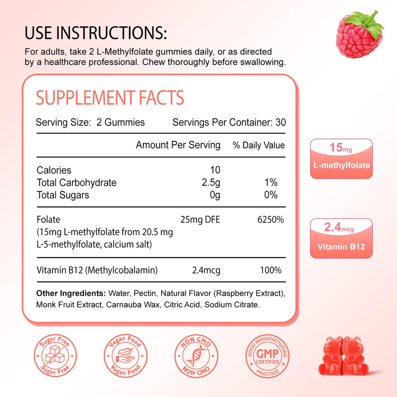 2 Pack L-Methylfolate 15mg & Methyl B12 Gummies, Folate Supplement for Brain Health, Mood & Immunity, DNA Synthesis & Repair, Sugar Free, Vegan, Raspberry Flavor, 120 Count 60 Count (Pack of 2)