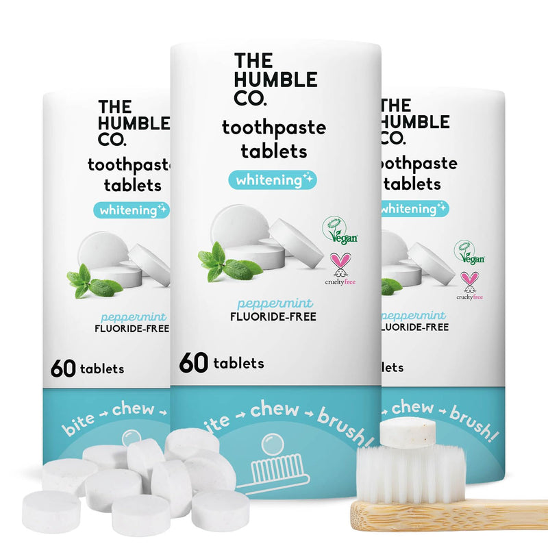 The Humble Co. Whitening Toothpaste Tablets – Fluoride Free Toothpaste Whitening Tablets, Dentist Developed Formula, Vegan, SLS Free, Plastic Free (Peppermint, 3 PK)