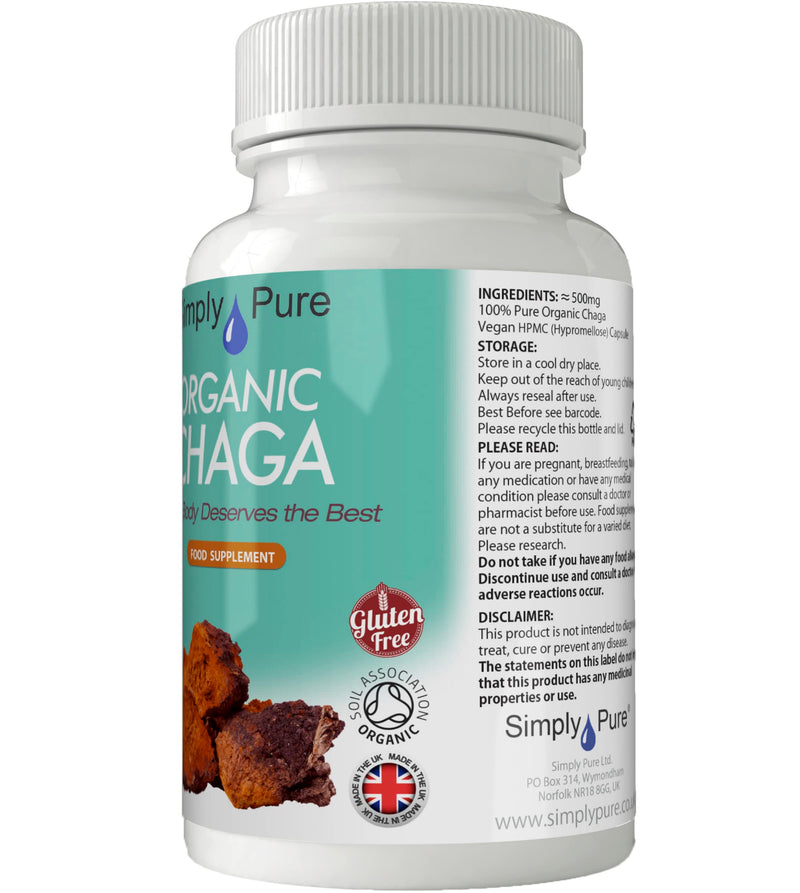 Organic Chaga Mushroom for Immunity and Antioxidant Boost | 500mg Capsules x 90 | 100% Pure Soil Association Certified | Gluten Free | GM Free | Vegan