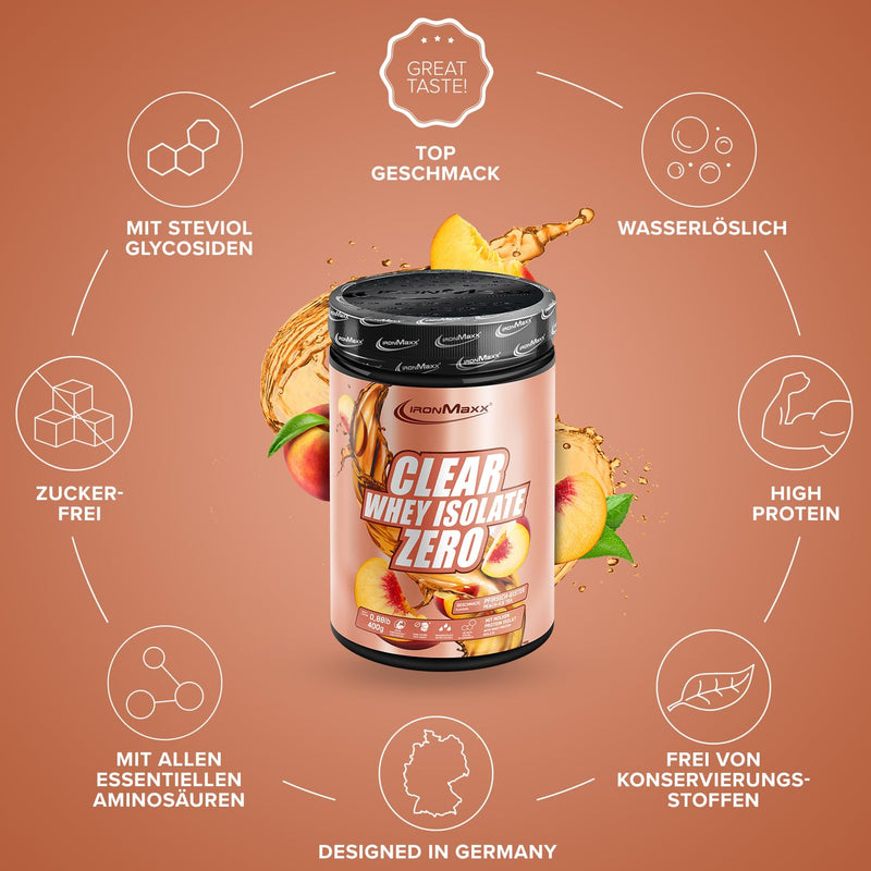 [Australia] - IronMaxx Clear Whey Isolate Zero - Peach IceTea 400g Can | Clear whey protein isolate without sugar | Lactose-free Clear Protein | Protein lemonade with a fruity, refreshing taste 