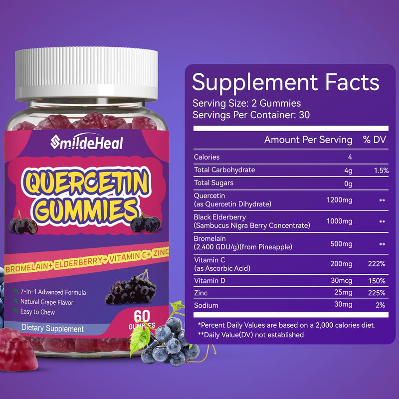 [Australia] - 2 Pack Quercetin Gummies 1200MG, Quercetin Gummies with Bromelain, Zinc Vitamin C, Immune System Vegan Gummy for Adult & Kid, 120 Vegan 60 Count (Pack of 2) 