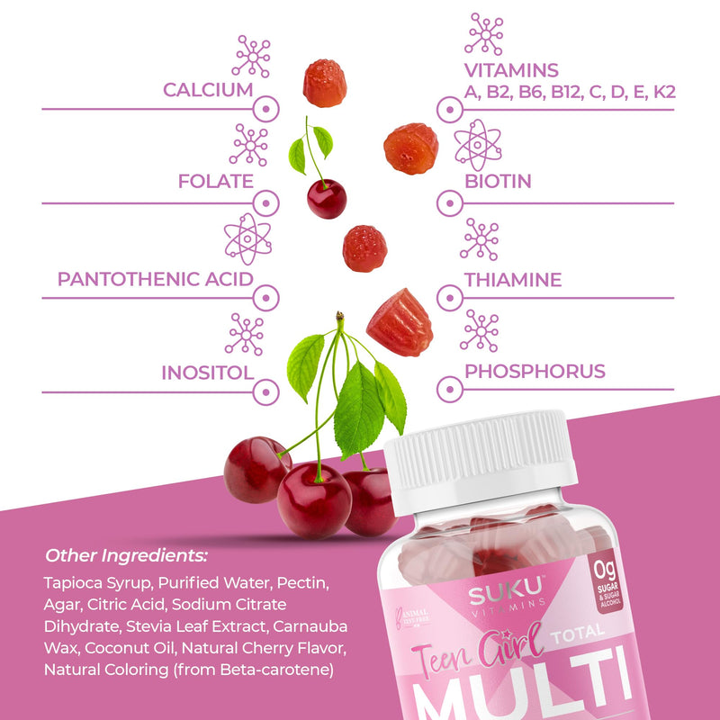 SUKU Teen Girl Multivitamin Gummies – Vitamins A, B12, C, D3, E, Biotin & Zinc – Sugar-Free Vegetarian Supplement for Skin, Energy, Immune & Bone Health – Cherry Flavor – 60 Count 60 Count (Pack of 1)