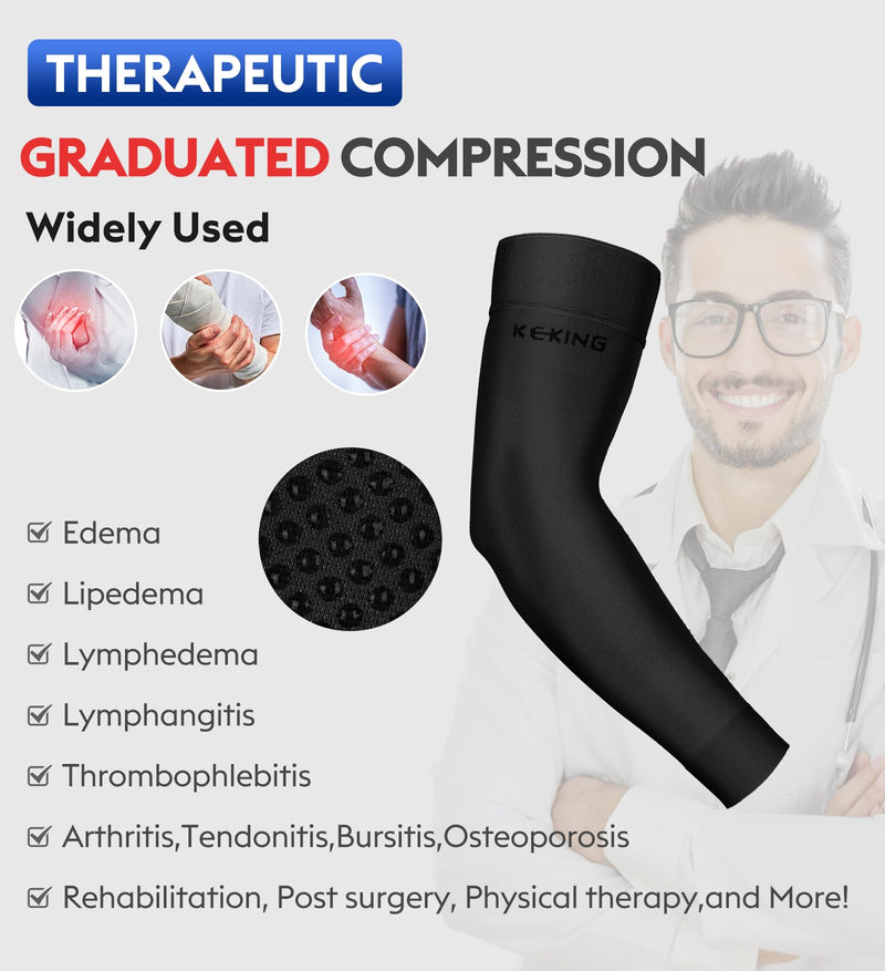 [Australia] - Lymphedema Compression Arm Sleeves with Silicone Band for Men Women (Pair), 20-30 mmHg Graduated Compression for Lipedema, Edema, Post Surgery Recovery, Swelling, Pain Relief, Black S Small (1 Pair) 20-30mmhg Black (With Silicone Band) 