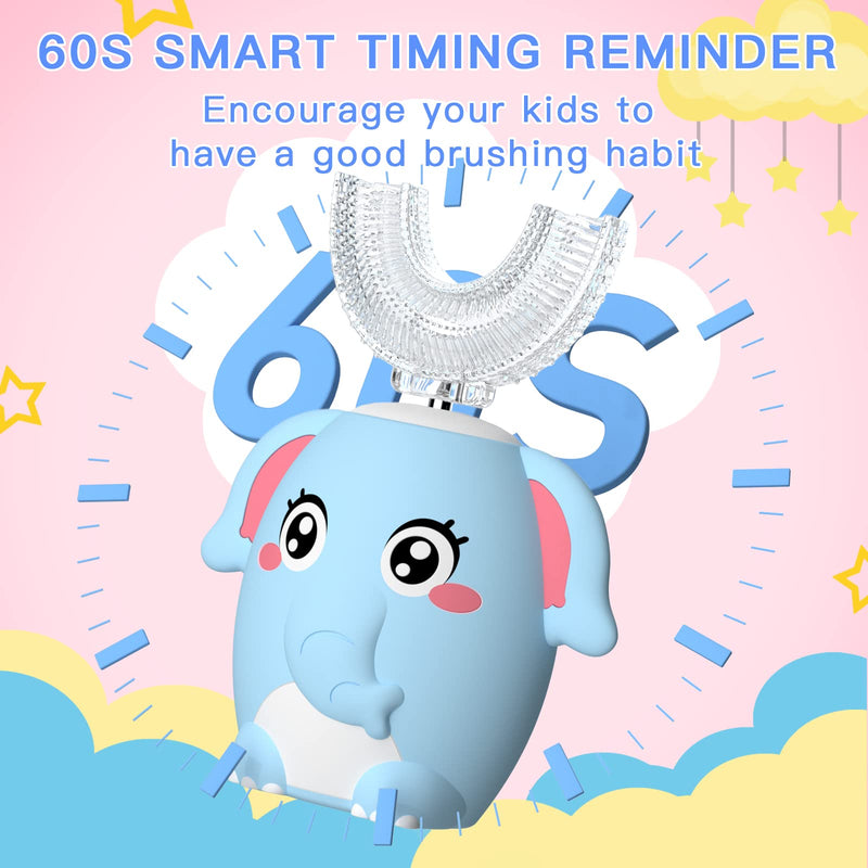 [Australia] - Kids Electric U Shaped Toothbrush Children Rechargeable Sonic Toothbrush with 4 Brush Heads Full Mouth 6 Cleaning Modes - (Age 2-7 Blue) Blue Elephant（Ages 2-7） 
