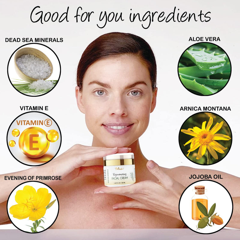 Deluvia Rejuvenating Facial Cream | Organic Aloe Vera, Coconut Oil, Vitamin C + E | Dead Sea Minerals | Daily Face Lotion for Dry Skin, Sensitive Skin