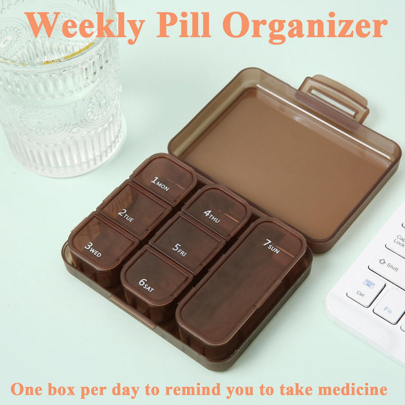 Weekly Pill Box Organiser for Pocket Daily Medication Storage Case | Brown Pill Case with 7 Compartments, BPA-Free Double Seal Waterproof, Storage for Vitamins, Fish Oil, Dietary Supplements