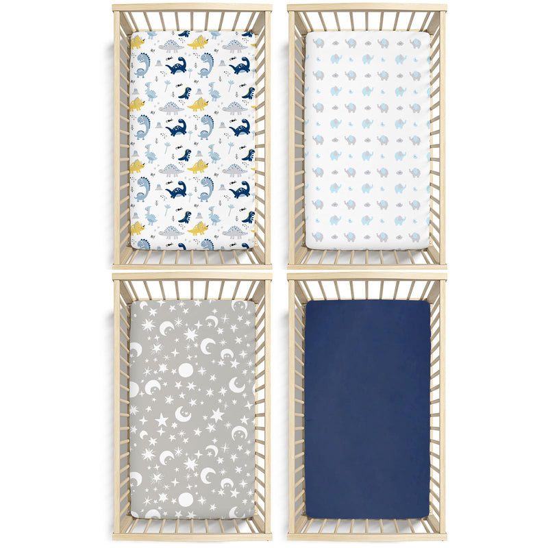 [Australia] - Crib Sheets for Baby Boys 4 Pack, 28"x 52" Extra Soft Microfiber Crib Sheet Set for Standard Crib & Toddler Mattress Pad, Dinosaur & Elephant & Stars & Navy Blue Blue Dinosaurs 1 