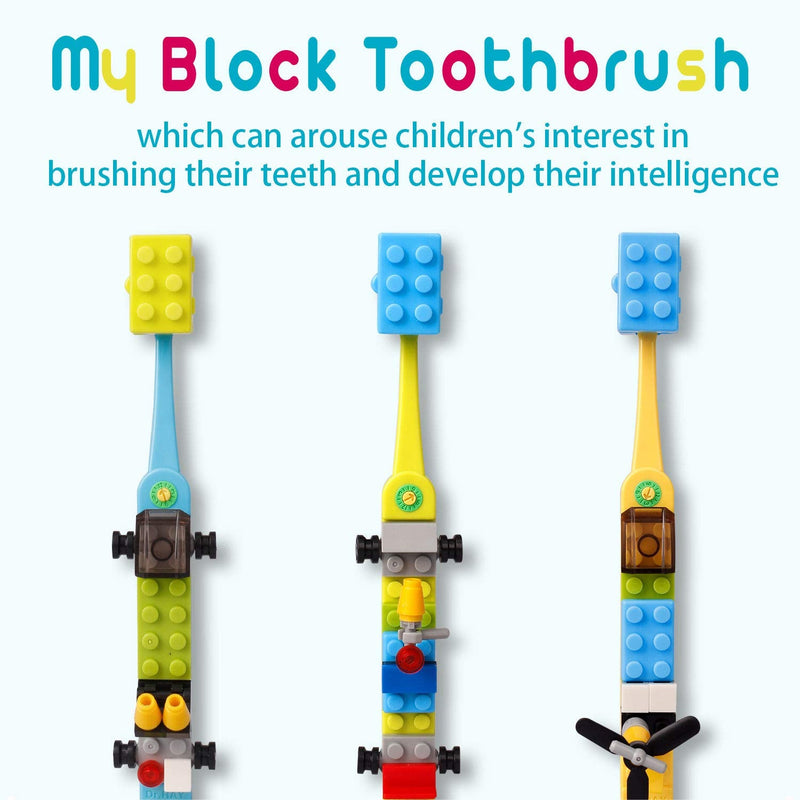[Australia] - Dr.RAY Kids Toothbrush with Building Blocks and Toothbrush Covers, Extra Soft, Ages 6+ (Pack of 3, Multi-Colored) 