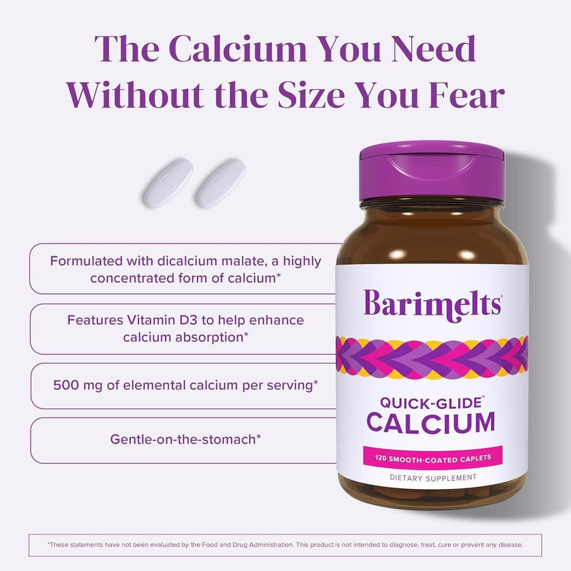 Barimelts Quick-Glide™ Calcium – Easy-to-Swallow Women’s Calcium Supplement with Vitamin D3 – Bone Health & Strength Support – Bioavailable Dicalcium Malate – 240 Smooth-Coated Caplets 120 Count (Pack of 2)