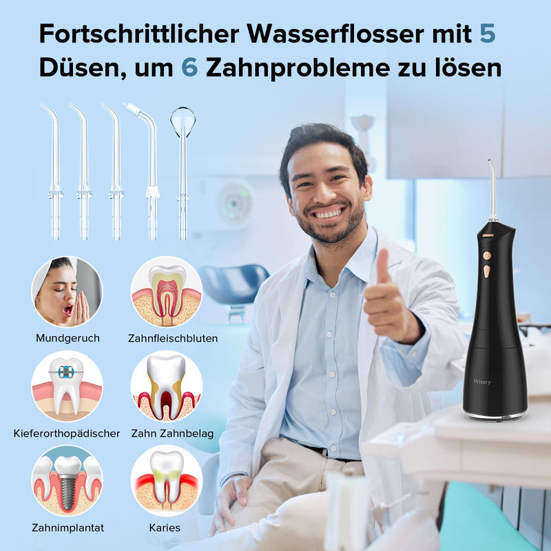 [Australia] - Orisary Oral Irrigator Wireless Electric Tooth Cleaner, 5 Modes & 5 Nozzles, 300ML Water Tank Rechargeable Dental Irrigator Double Water Teeth Flosser IPX7 Waterproof for Cleaning When Traveling Black 