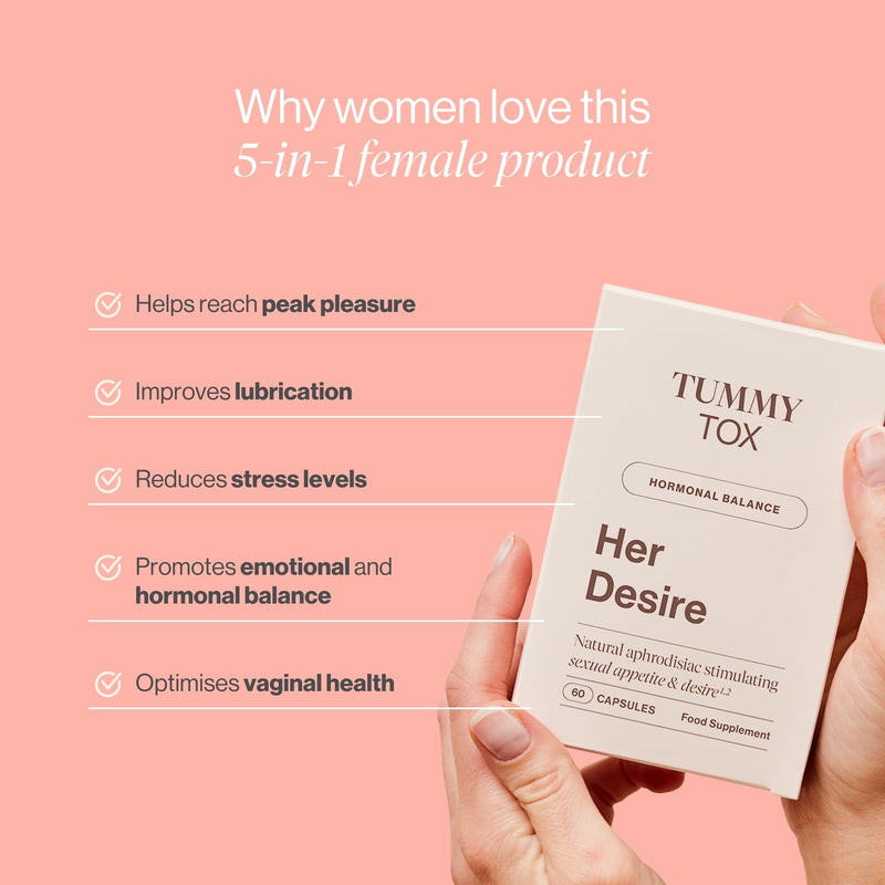 Her Desire Capsules with Liboost, Maca, Ashwagandha, Ginseng, Zinc, Biotin, Vitamin D, Vitamin B6, and Vitamin B12, by Tummy Tox Her Desire