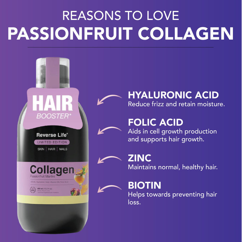 Reverse Life - Limited Edition Passionfruit Martini Hair Booster - 5,000mg Hydrolysed Collagen with Biotin, Zinc, Vitamin C and B12-30-Day Dose - Collagen Supplements - 450ml 30 Day Supply