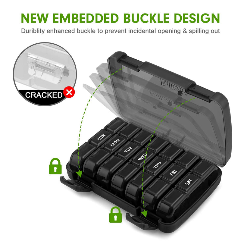 Fullicon Large Weekly, Travel Pill Organizer 3 Times a Day, Black | Each Compartment Holds 12 Fish Oils or 13 Vitamins, 21 Compartments, Secure Embedded Buckle, Travel Friendly, BPA Free