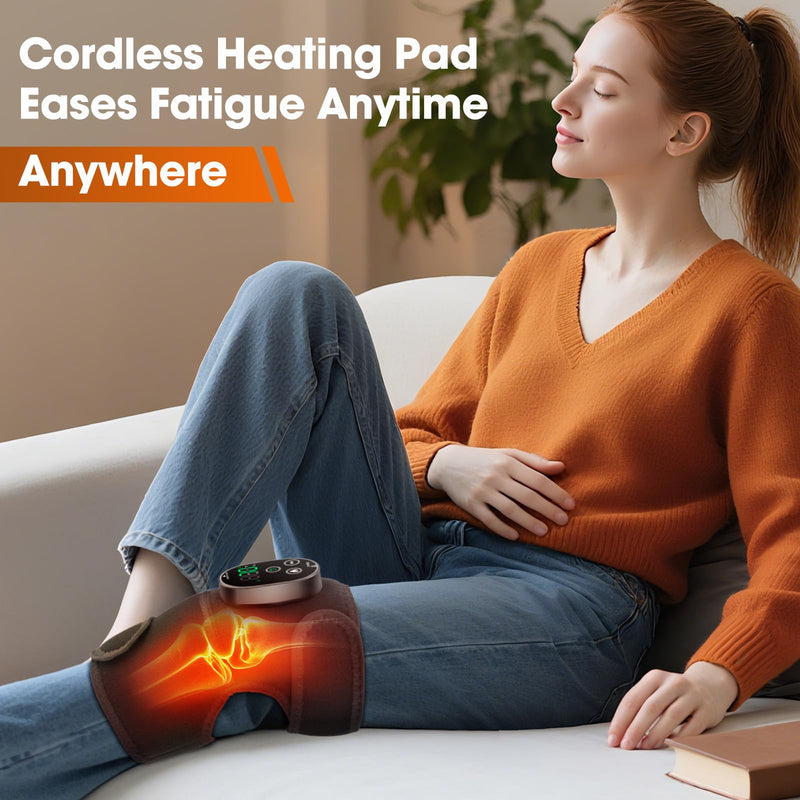 Heated Knee Massager, Cordless Knee Heating Pad with Massage, Knee Massager for Pain Relief, Adjustable Wrap for Knee, Shoulder, Elbow, 6 Heating Levels & 3 Massage Modes, Black 1pc Black