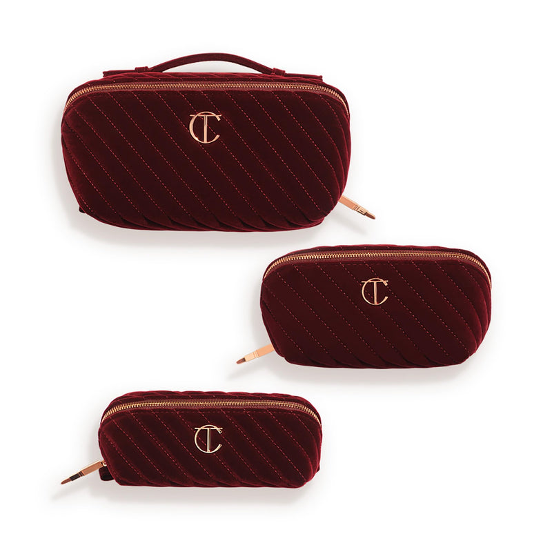 Charlotte Tilbury Travel Makeup Bag of My Dreams - Quilted Velvet Skincare, Fragrance & Cosmetic Organizer with 5 Compartments, Zip Pocket & Top Handle - Iconic Night Crimson Toiletry Bag Large