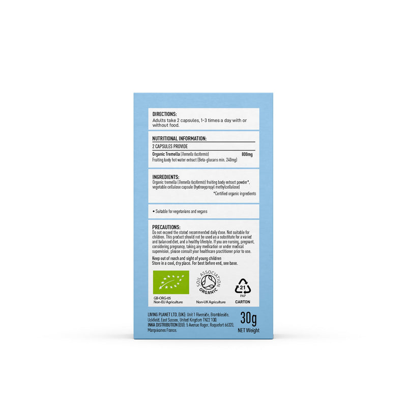 Organic Tremella Mushroom 60g or 60 caps – Pure Tremella Powder or Cpsules | Anti Aging Supplement for Beauty & Skin | Rich in Antioxidants, 30% + Beta Glucans (60 caps)