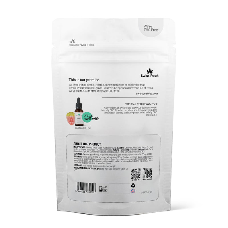 Swiss Peak 1200mg CBD Gummies, Delicious Edible Strawberries, UK-Made, Vegan, THC-Free, Premium CBD for Relaxation & Wellness, On-The-Go Grab Bag – 20 Gummies Per Pack