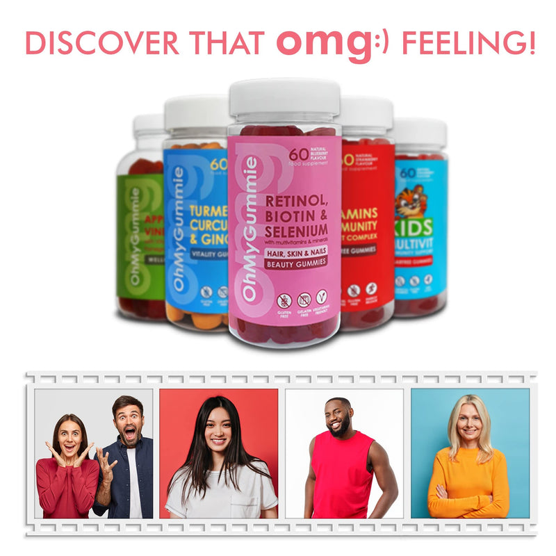 OMG! Retinol, Biotin & Selenium + Collagen producing Vitamin | Hair, Skin & Nails Beauty Gummies (60) by OhMyGummie | Multivitamins & Minerals (A, C, D, E, B6, B12 & Zinc) | Vegetarian & Gelatin-Free