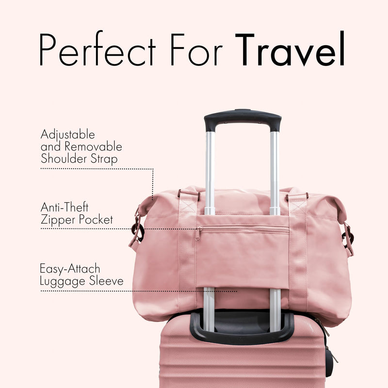 (Not Made In China) Travel Duffel Bag For Women, Carry On Bags, Overnight Weekender Duffle, Airplane Approved Underseat Tote With Shoulder Strap, Luggage Trolley Sleeve, Pink, 22in, 30L Large (1 Pack)