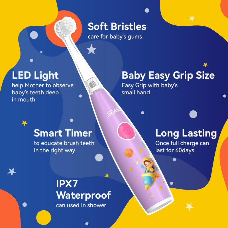 SEAGO Kids Electric Toothbrush Rechargeable with Smart Timer, LED Observing Light & DIY Stickers for Toddlers Ages 2-4, Soft Bristles for Oral Care, USB Charging (Pink) Pink