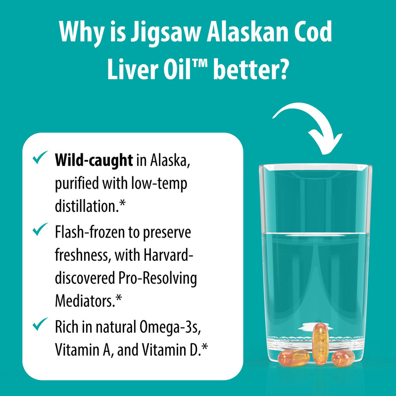 [Australia] - Jigsaw Health Alaskan Cod Liver Oil | 900 mg Omega-3s with EPA, DHA, and DPA | Includes Naturally Occuring Vitamins A & D | 180 Softgels | 60 Servings 