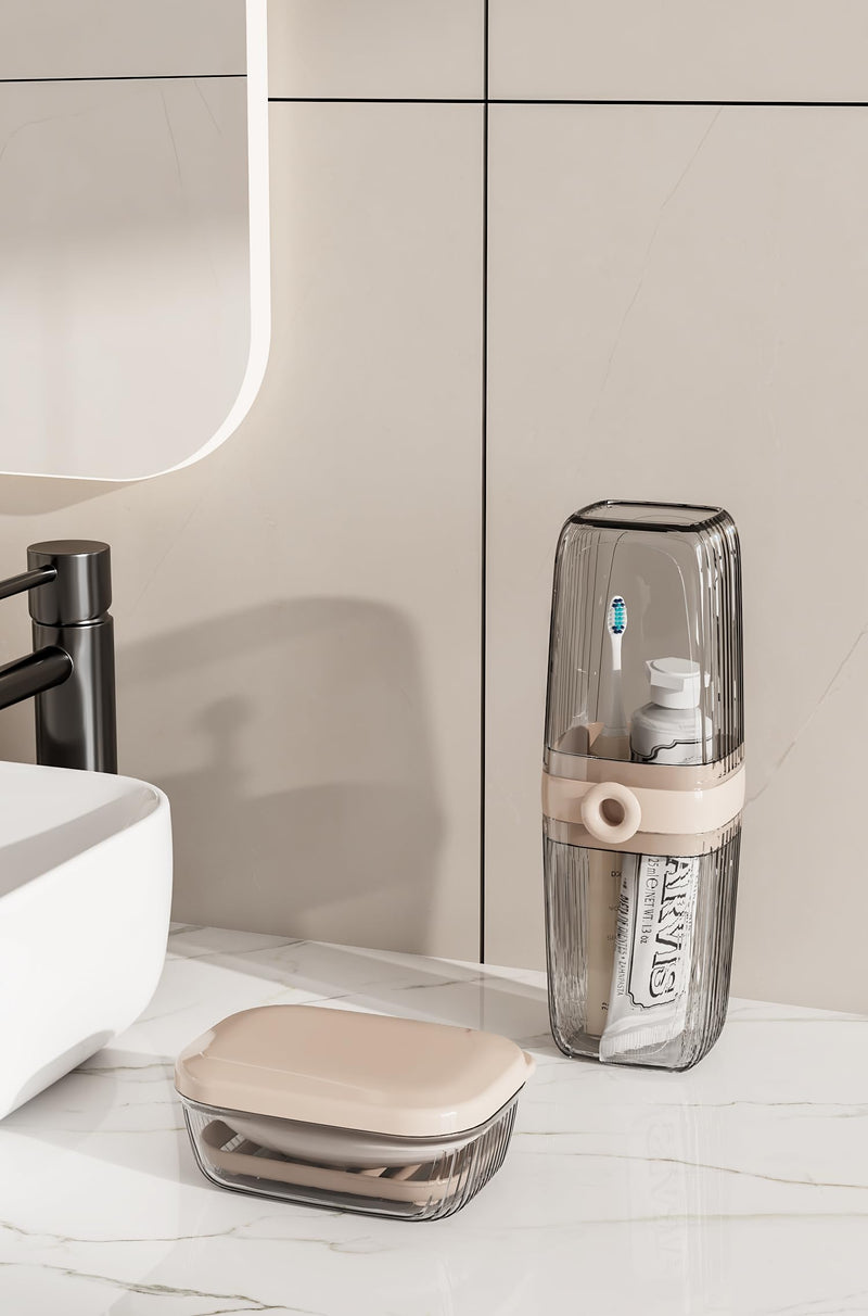 [Australia] - Toothbrush Travel Case, 2 in 1 Toothbrush Holder and Rinse Cup, Large Capacity Toothbrush Cup with Cover, Portable Travel Toothbrush Holder for Traveling, Camping, Trip - 1Pcs - Beige&Clear Clear 