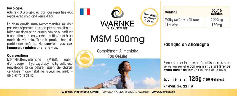 [Australia] - MSM 500mg - 180 capsules - high dose - methylsulfonylmethane | Warnke vital substances - German pharmacy quality 