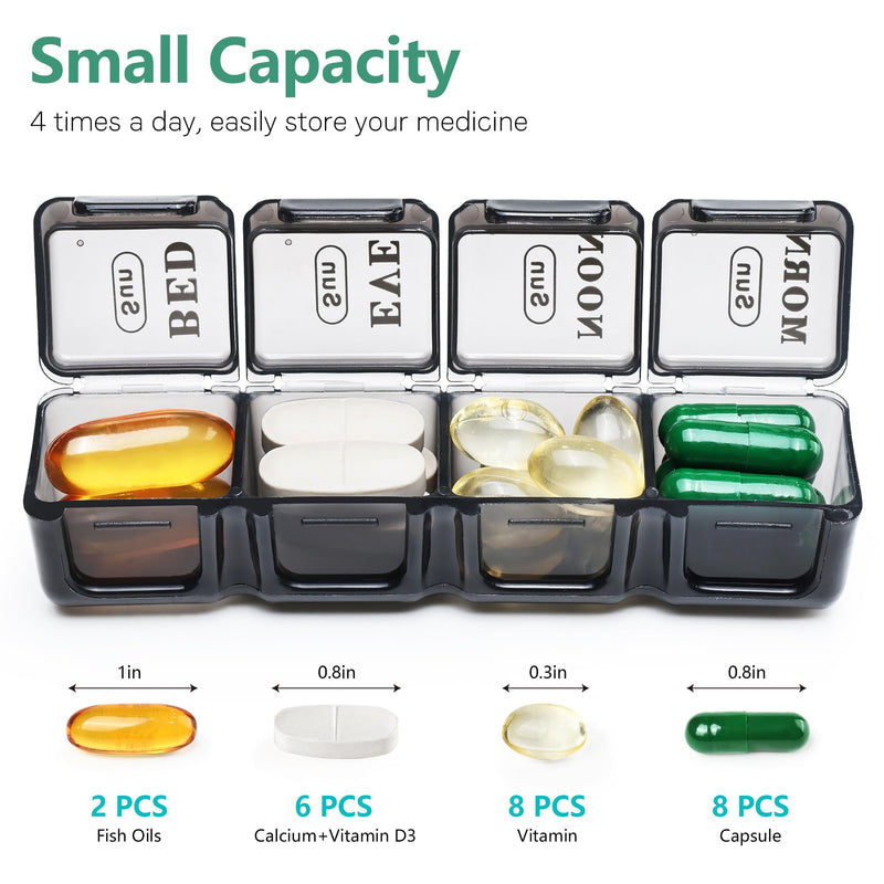 MOLN HYMY Cute Pill Organizer 4 Times a Day, Daily Pill Box 7 Day, 28 compartments, Portable, Travel Friendly Medicine Planner for Vitamins/Fish Oils/Medication/Supplements (Black, Small) Black