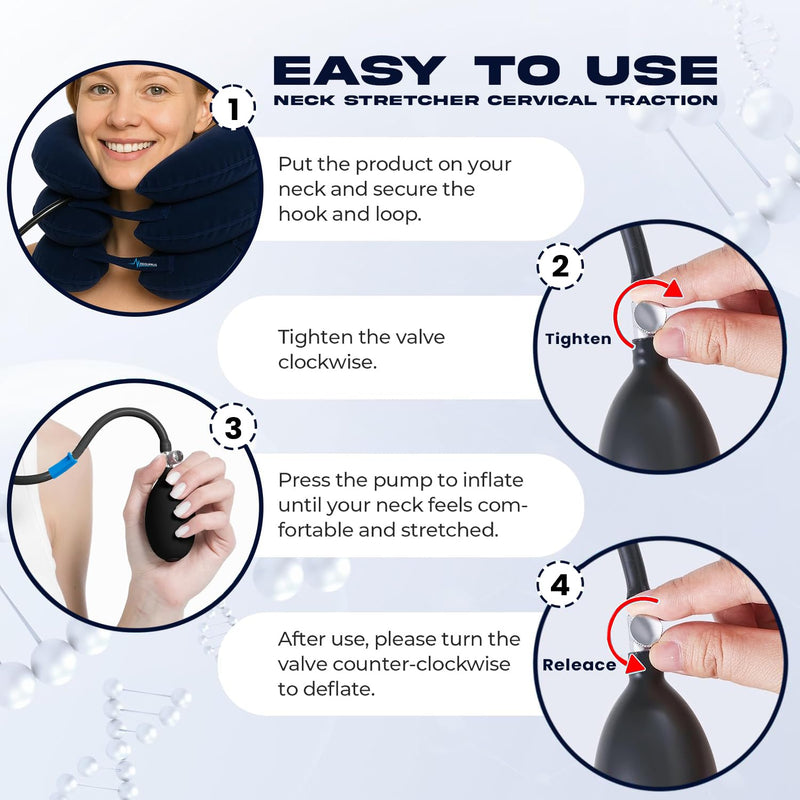[Australia] - Inflatable Neck Stretcher for Instant Neck Pain Relief Chiropractor Recommended, Adjustable Cervical Neck Traction Device for Pinched Nerve Neck Relief Adjustable (S,M,L) Navy Blue 