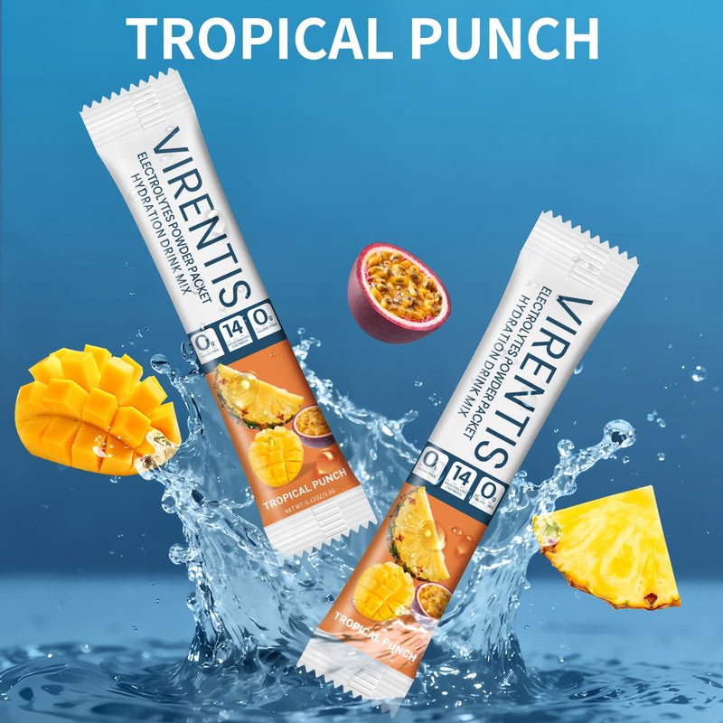 16 Sticks Electrolytes Powder Packets Sugar Free Hydration Packets Liquid Daily IV Electrolyte Drink Mix for Rehydration with 8 Electrolytes & 6 Vitamins, Low Sodium, Tropical Punch 2 Ounce (Pack of 1)