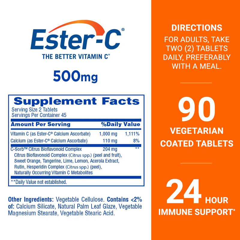Ester-C 500 mg, 24 Hour Vitamin C Tablets for Immune Support, 90ct | 24 Hour Immune Support, Vitamin C Supplement Unflavored 90 Count (Pack of 1)